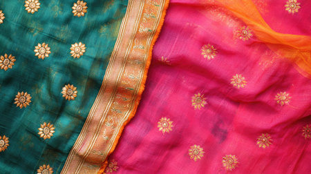 A vibrant fabric display featuring green and pink textiles adorned with intricate golden embroidery, perfect for fashion or cultural themes.の素材