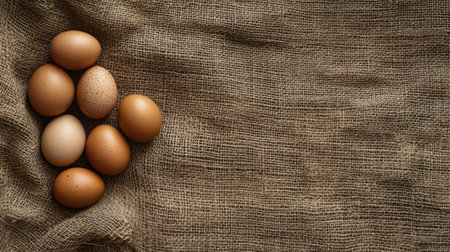 A serene image of fresh eggs arranged on a rustic burlap background, showcasing natural textures perfect for culinary and farm-themed projects.の素材