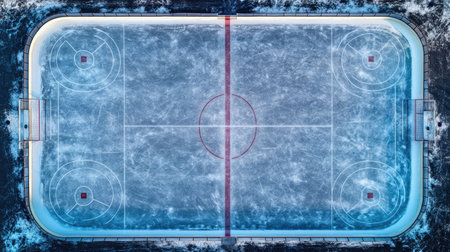 A stunning aerial shot of an empty ice hockey rink, showcasing its blue surface and red lines. Perfect for any winter sport theme or outdoor recreation.の素材