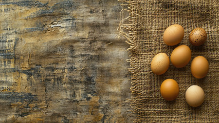 A serene still life featuring a collection of natural eggs displayed on a rustic fabric backdrop. Ideal for food, culinary, and organic themes.の素材