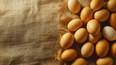 A beautiful arrangement of fresh eggs on a textured fabric surface, highlighting their natural colors and rustic charm, perfect for food photography.の素材