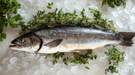 A fresh fish displayed on ice with vibrant herbs, perfect for culinary presentations. Ideal for food-related projects, recipes, and restaurant menus.の素材