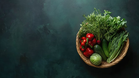 A rustic basket filled with fresh organic vegetables, showcasing vibrant colors and a variety of healthy options. Perfect for culinary uses or market displays.の素材