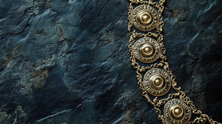 This stunning image captures an elegant gold jewelry piece resting on a dark stone background, showcasing intricate designs and rich textures, perfect for fashion and accessory themes.の素材