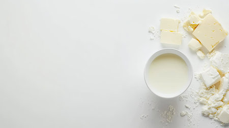 A clean white backdrop features fresh dairy products, including milk, butter, and creamy textures. Perfect for culinary, nutrition, and food photography.の素材
