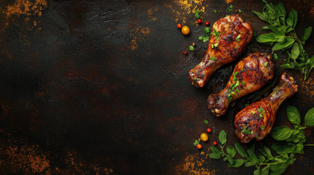 Grilled chicken drumsticks garnished with fresh herbs and spices on a dark, textured background. Perfect for food photography and recipe inspiration.の素材
