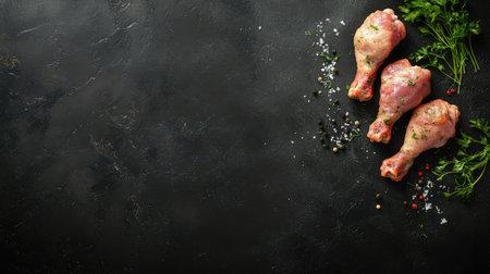 A visually appealing display of fresh chicken drumsticks on a dark surface. Ideal for culinary projects, food blogs, and recipe illustrations.の素材