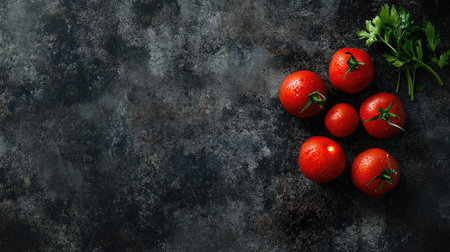 A stunning arrangement of fresh red tomatoes, showcasing their vibrant color and texture against a dark table surface, perfect for healthy recipes.の素材