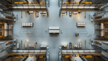 This aerial view captures a modern warehouse layout showcasing organized storage systems, efficient use of space, and advanced logistics solutions.の素材