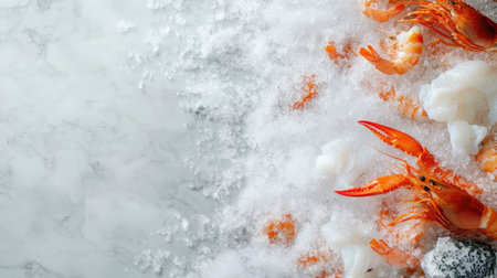 A visually appealing display of fresh seafood on ice, featuring shrimp and other crustaceans. Ideal for culinary applications, food styling, and market showcases.の素材