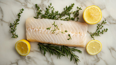 A fresh fish fillet garnished with herbs and lemon slices, elegantly arranged on a marble surface. Perfect for culinary presentations and food photography.の素材
