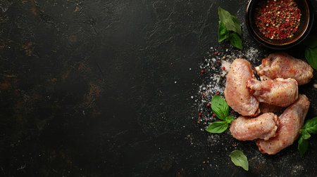 Fresh and raw chicken wings are arranged with herbs and seasoning on a dark stone background. Perfect for culinary enthusiasts and food preparation concepts.の素材