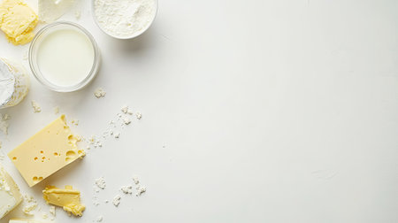 A beautifully arranged assortment of dairy products on a clean white surface, showcasing butter, cheese, cream, and yogurt. Perfect for culinary presentations.の素材