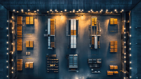 This aerial view captures a well-organized warehouse layout, showcasing boxes and storage units that highlight modern logistics and efficient operations.の素材