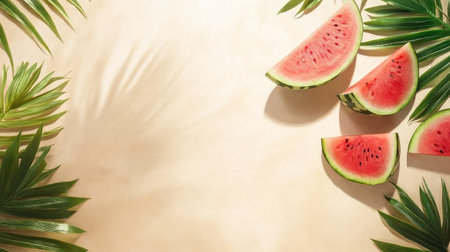 A beautiful arrangement of fresh watermelon slices surrounded by tropical leaves, perfect for summer. Ideal for food-related themes or seasonal designs.の素材
