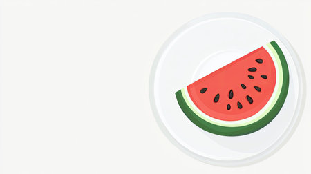 A vibrant illustration of a fresh watermelon slice on a white plate. Perfect for summer themes, healthy eating concepts, or colorful food art displays.の素材