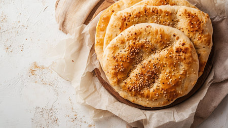 Delicious freshly baked flatbreads topped with sesame seeds, perfect for any meal. Ideal for sharing, snacks, or culinary creations in a rustic setting.の素材