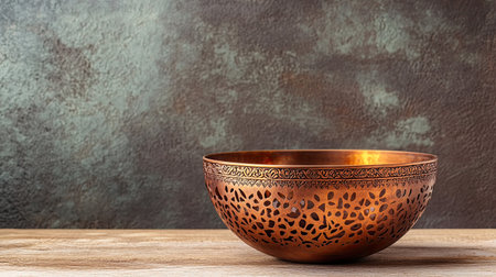 A stunning decorative copper bowl featuring intricate patterns, elegantly showcased on a wooden surface. Perfect for highlighting craftsmanship and style.の素材
