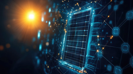 A captivating digital artwork illustrating a solar panel emanating energy, set against a backdrop of glowing data connections and futuristic elements.の素材