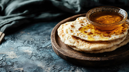 A warm plate of fresh bread paired with olive oil, perfect for a cozy meal or snack. Ideal for showcasing rustic dining and culinary delights.の素材