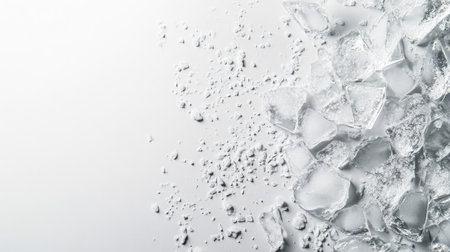 Capture the essence of freshness with ice cubes scattered on a clear surface, highlighting their texture and cool droplets. Perfect for beverage themes.の素材