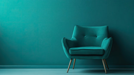A stylish teal armchair against a solid color wall, perfect for modern interiors. This image showcases comfort and contemporary design, ideal for decor inspiration.の素材