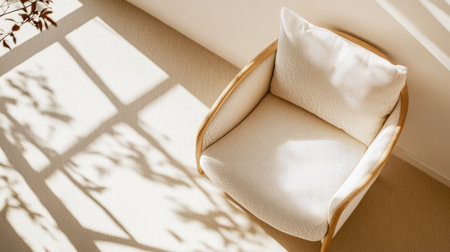 A serene scene featuring a cozy armchair bathed in natural light, casting gentle shadows. Perfect for showcasing interior design and minimalism concepts.の素材
