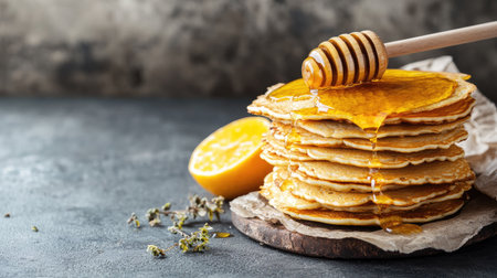 A stack of fluffy pancakes drizzled with golden honey and served with a fresh citrus slice, perfect for a delightful breakfast or brunch experience.の素材