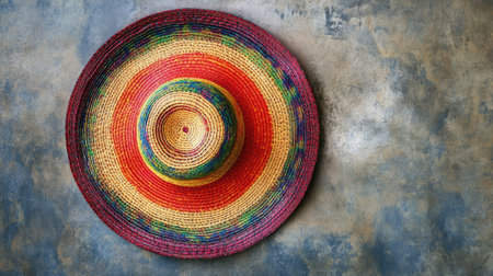 This vibrant woven hat features a colorful design, perfect for summer themes and outdoor activities. Set against a rustic background, it highlights craftsmanship and artistic beauty.の素材