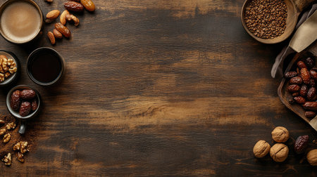 A rustic wooden table adorned with coffee cups and various nuts. This warm, natural setting captures a cozy and inviting atmosphere for food lovers.の素材
