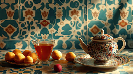 A beautifully arranged tea set featuring a decorative teapot and glass, surrounded by traditional snacks, set against an ornate patterned backdrop.の素材
