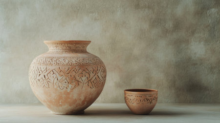 Discover a stunning display of handcrafted clay vessels, showcasing intricate patterns and earthy textures. Perfect for adding a touch of warmth and elegance.の素材