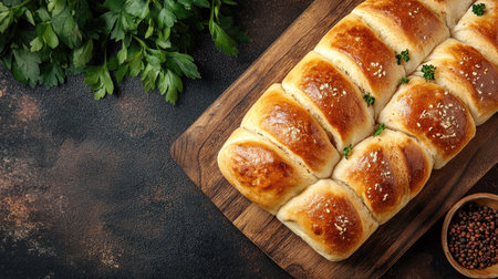 A tray of freshly baked bread rolls sits beautifully on a wooden cutting board, garnished with herbs, perfect for any meal or gathering.の素材