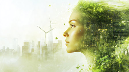 This artistic illustration depicts a woman's profile merging with a vibrant, green cityscape, symbolizing harmony between nature and technology for a sustainable future.の素材