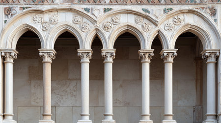 This captivating image showcases a row of classic arched columns with intricate details, highlighting historical architecture and design elements in a serene setting.の素材