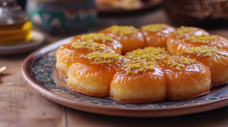 A beautifully arranged Middle Eastern pastry drizzled with syrup and topped with chopped nuts, perfect for festive occasions and gatherings.の素材
