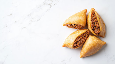 Mouthwatering golden pastries filled with savory goodness, perfect for snacks or light meals. Captured on a sleek marble surface for a modern touch.の素材