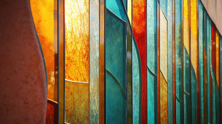 A vibrant art glass panel illuminated by sunlight, showcasing elegant colors and intricate patterns that enhance the surrounding space with artistic flair.の素材