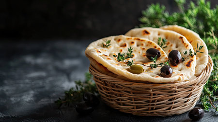 A beautiful scene featuring fresh homemade bread with olives and herbs arranged in a rustic basket, perfect for enhancing any culinary experience.の素材