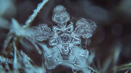 A stunning close-up image of a snowflake showcasing intricate patterns and delicate details. Captured under magnification, this ice crystal represents winter's beauty.の素材