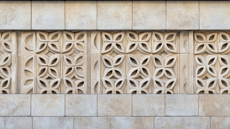 This image showcases a decorative wall featuring intricate stone patterns that add character and beauty. The geometric designs create a stunning visual impact.の素材