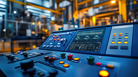 Detailed view of an industrial control panel featuring a digital display and various buttons. Perfect for showcasing technology in manufacturing environments.の素材