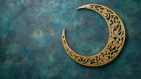 This artwork features an elegant golden crescent moon against a textured background, highlighting intricate designs that evoke a sense of tranquility and beauty.の素材