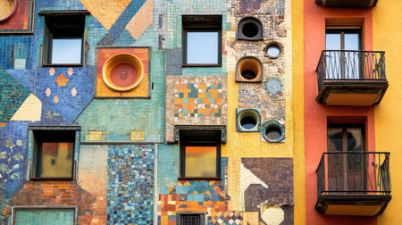 Explore a vibrant mosaic building facade showcasing colorful tiles and unique window designs, perfect for urban architecture lovers and art enthusiasts.の素材