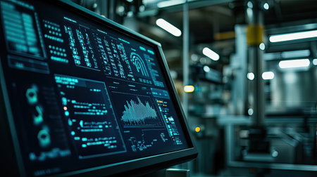 A sophisticated monitor showcases data analytics in an industrial setting, illustrating high-tech graphical interfaces and real-time information processing.の素材