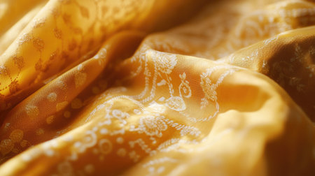 Close-up view of elegant yellow fabric featuring intricate patterns, showcasing the smooth texture and luxurious appearance ideal for textile design and fashion.の素材