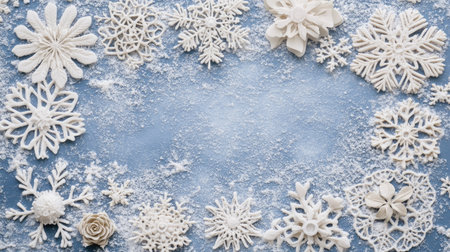 A beautiful arrangement of white snowflakes on a serene blue background. Perfect for winter themes, craft projects, or holiday celebrations.の素材
