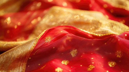 Discover the rich texture of a luxurious red and gold fabric, showcasing intricate patterns and elegance. Ideal for fashion, decor, or artistic projects.の素材