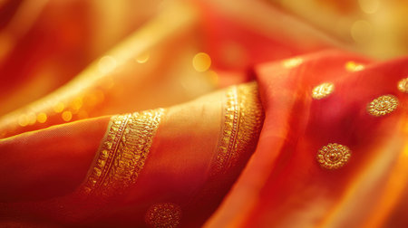 Vivid close-up of luxurious fabric featuring intricate gold details. The warm tones create an inviting atmosphere, perfect for festive themes or elegant designs.の素材