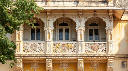 Explore an exquisite balcony featuring intricate carvings and historical architecture. This stunning design reflects rich cultural heritage and craftsmanship.の素材